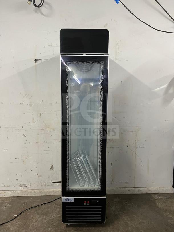 Yukon USF-175BLK commercial freezer, single glass door, sleek black design, interior shelving, brand label visible.