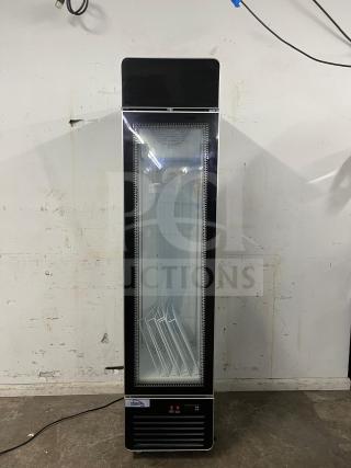 Yukon USF-175BLK commercial freezer, single glass door, sleek black design, interior shelving, brand label visible.