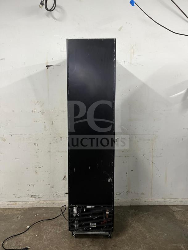 Yukon USF-175BLK commercial single glass door freezer, black exterior, visible lower ventilation grill, good condition.