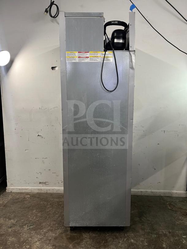 ATOSA MSF8307GR 60" double door prep table, shown from the side, features power cord and warning labels.