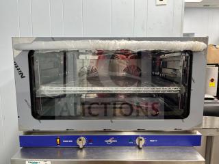 ROCKET ENCOV-38 full-size countertop convection oven with glass door, 208/204V, new condition, visible control knobs.