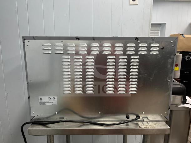 ROCKET ENCOV-38 convection oven, full-size, glass door, 208/204V, metal back panel, power cord, certification labels visible.