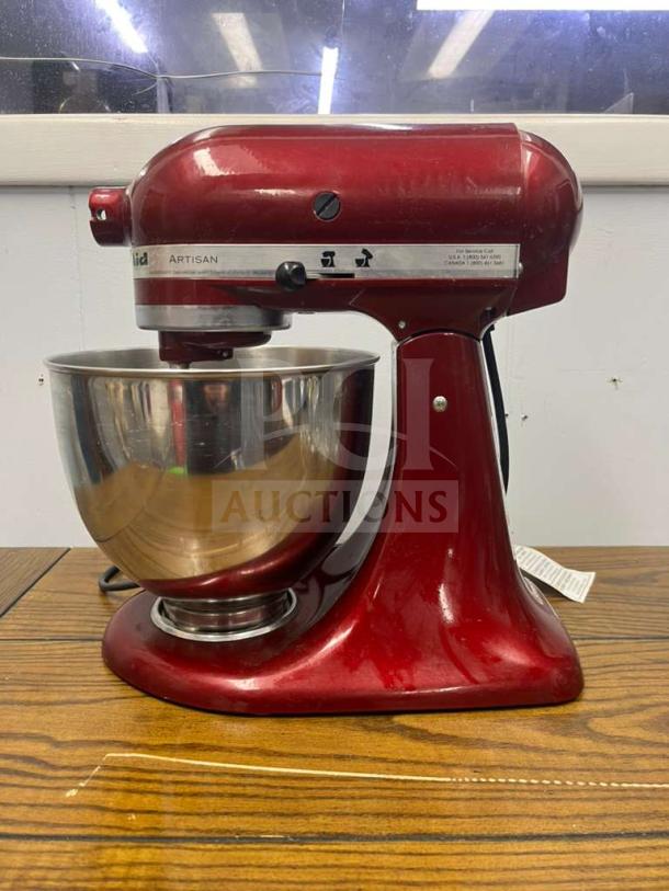 KitchenAid Artisan 5 Quart Stand Mixer, model KSM150PS, in Empire Red. Features tilt-head design. Used condition.
