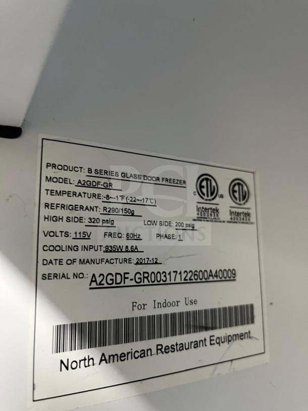 Label of North American Precision Series Double Glass Door Merchandiser Freezer, Model A2GDF, 2017, details specs and certification marks.