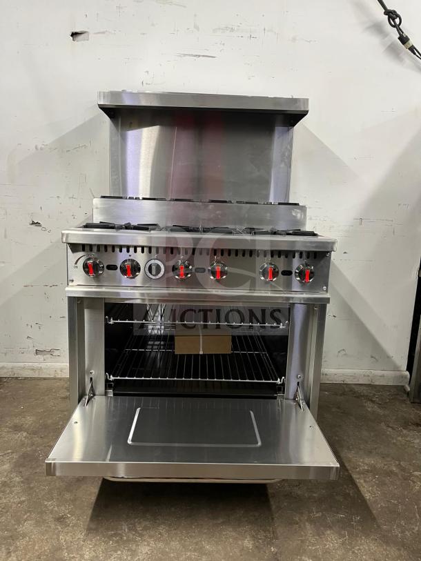 Brand new Evernew RC-ENR6B36TJ-NAT stainless steel 6-burner range with oven, backsplash, and overshelf. 210,000 BTU.