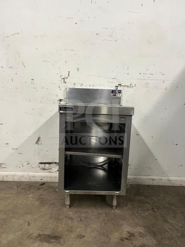 Perlick SC24-18 24" stainless steel storage cabinet with open base, two shelves, and visible branding on front.
