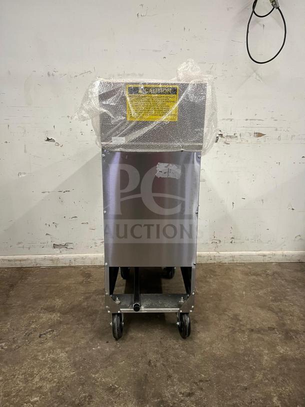 BRAND NEW Atosa ATFS-50 CookRite 50 lb gas fryer, 4 burners, stainless steel, wrapped in protective film, warning label visible.