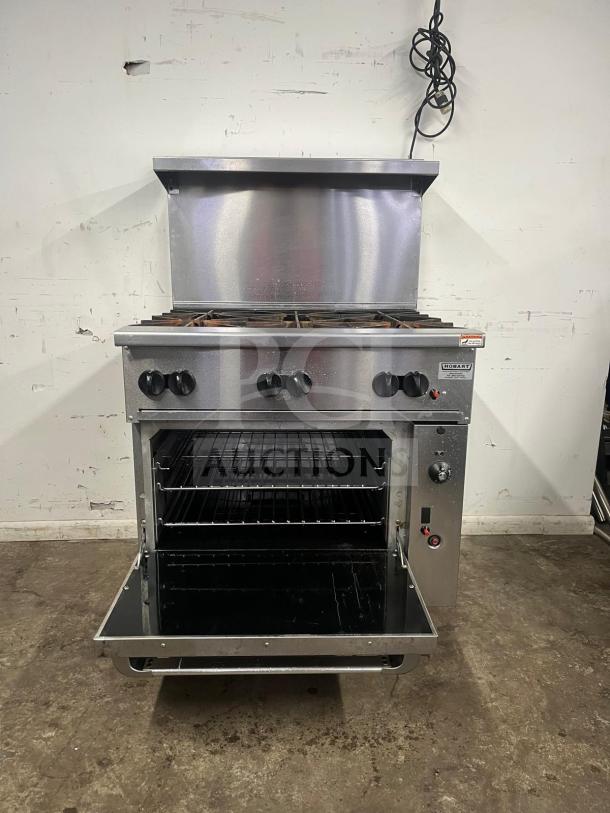 Vulcan 36" 6-burner gas range with standard oven, model 36S-6B, in stainless steel, natural gas, open oven door.