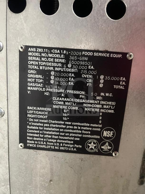 Vulcan 36" 6 burner gas range label; Model 36S-6BN, Natural Gas, 215,000 BTU/hr, standard oven, NSF certified.