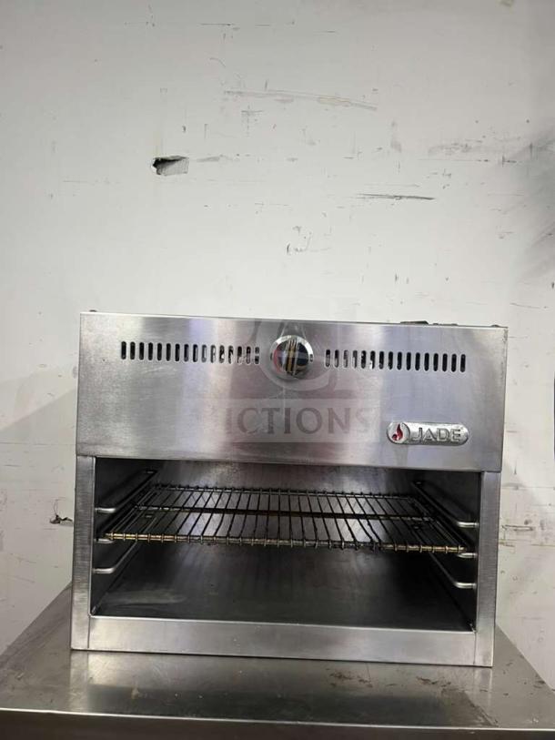 JADE JCM-24 gas cheesemelter, wall mount, 24-inch, infrared burners, 20000 BTU, stainless steel, good condition, visible branding.
