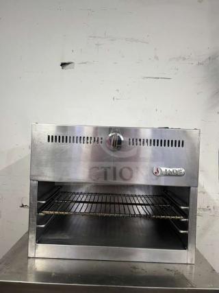 JADE JCM-24 gas cheesemelter, wall mount, 24-inch, infrared burners, 20000 BTU, stainless steel, good condition, visible branding.