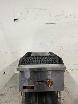 Star-Max Countertop 15in Radiant Gas Charbroiler, stainless steel, visible wear, control knob, on/off markings.