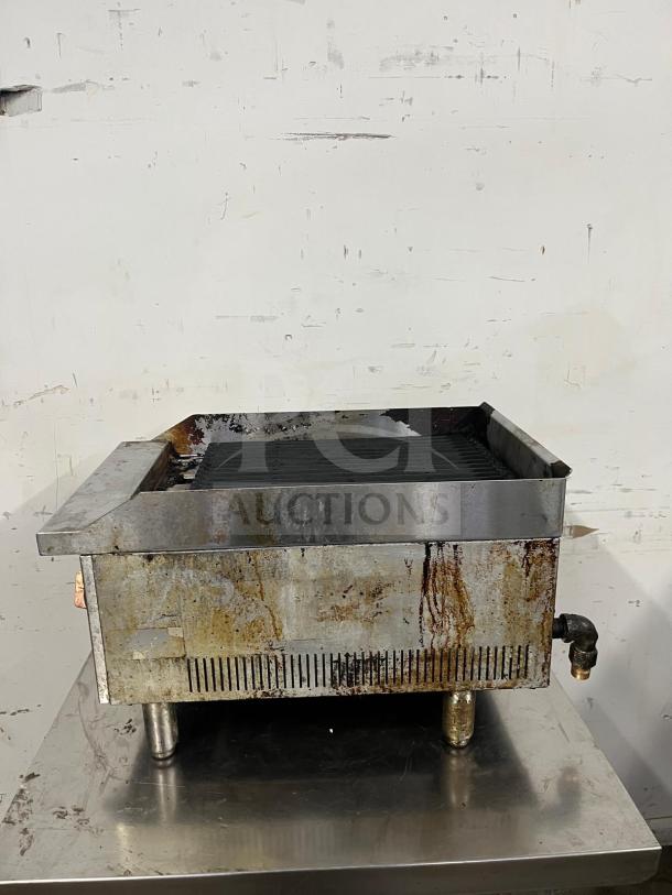 Star-Max countertop 15in radiant gas charbroiler, model CHARBROILER, used condition, stainless steel with visible wear.