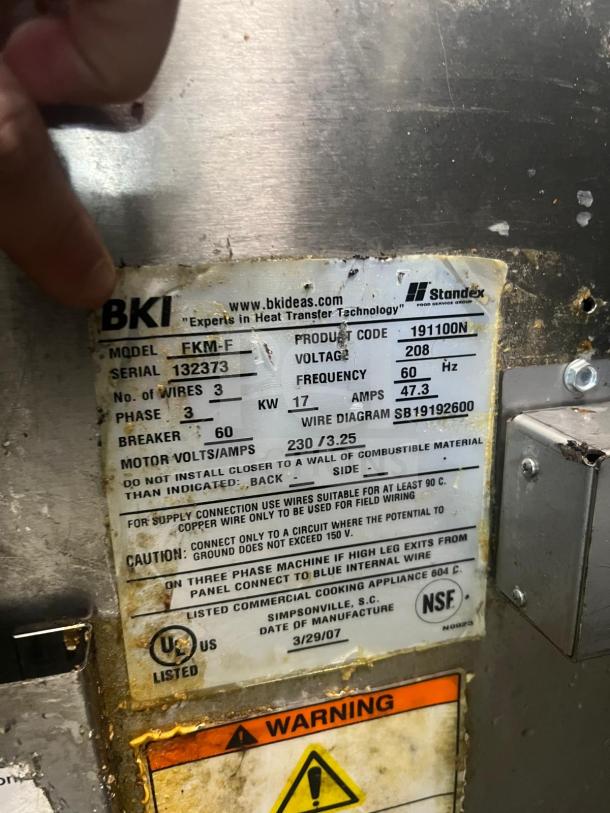 BKI FKM-F 24" electric pressure fryer, manual control, Model FKM-F, serial 132373, voltage 208, used, with warning labels.