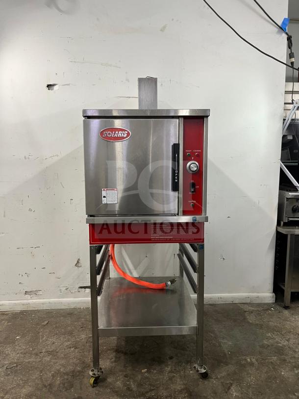 SOLARIS SX-5GR natural gas convection steamer, 42,000-47,000 BTU, includes cooling racks, stainless steel, on wheeled stand.