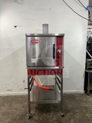 SOLARIS SX-5GR natural gas convection steamer, 42,000-47,000 BTU, includes cooling racks, stainless steel, on wheeled stand.