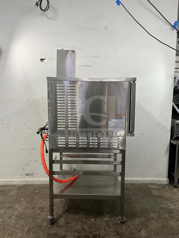SOLARIS SX-5GR natural gas convection steamer, 42,000-47,000 BTU, with cooling racks, good condition, visible safety labels.