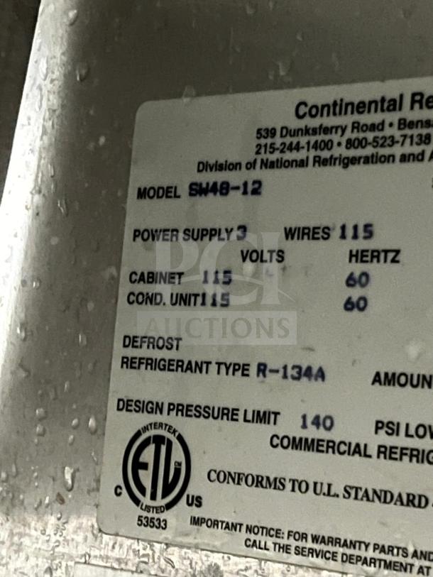 Continental SW48-12 Refrigerated Sandwich Prep Unit, 48", 13.4 cu ft, Model SW48-12, power supply 115V, refrigerant R-134A.