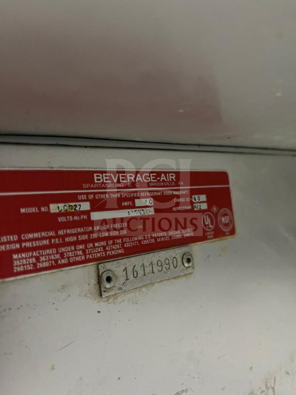 Beverage-Air 27" undercounter refrigerator, model LBC27. Visible label indicates UL and NSF certifications.