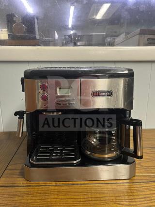 DeLonghi BCO430 combination espresso and drip coffee machine, silver and black, with frothing wand. Good condition.
