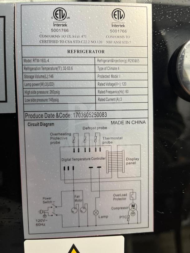 SWEET YUKON Refrigerated Display Case, Model RTW-160, curved glass, 120V, LED lamps, climate type 4, made in China.