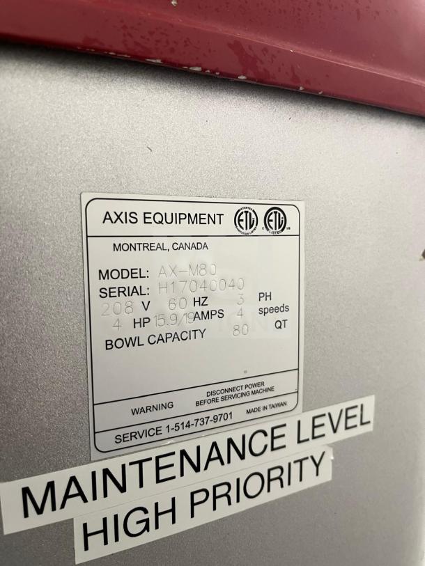 AXIS AX-M80 80QT planetary mixer, model AX-M80, 208V, 60Hz, 3PH, with maintenance label, made in Taiwan.