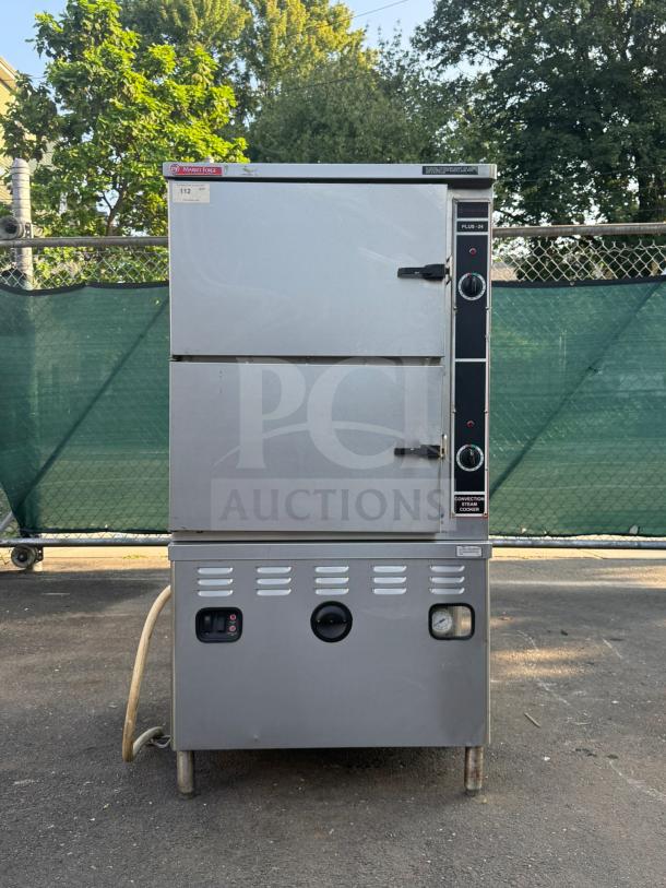 Market Forge ST-24M36G convection steamer, 24-pan, 300,000 Btu, freestanding, 36" boiler, ST-24 Series, metal exterior.