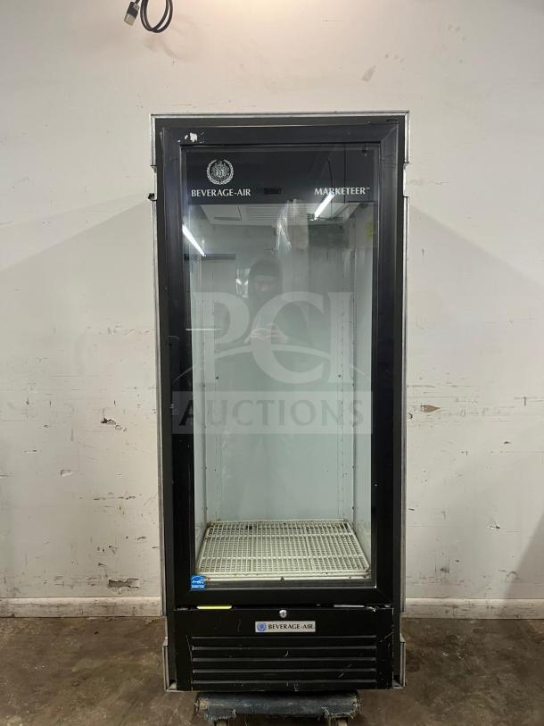 BEVERAGE-AIR MT12-1B 25" Black Refrigerated Glass Door Merchandiser with LED lighting, marketeer label, and Beverage-Air branding.