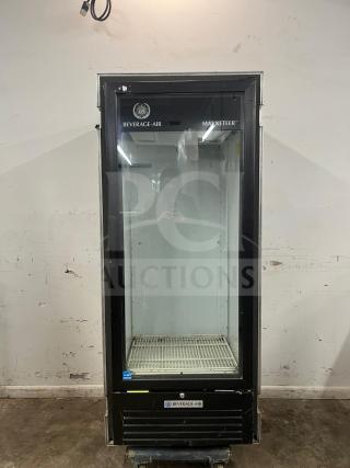 BEVERAGE-AIR MT12-1B 25" Black Refrigerated Glass Door Merchandiser with LED lighting, marketeer label, and Beverage-Air branding.