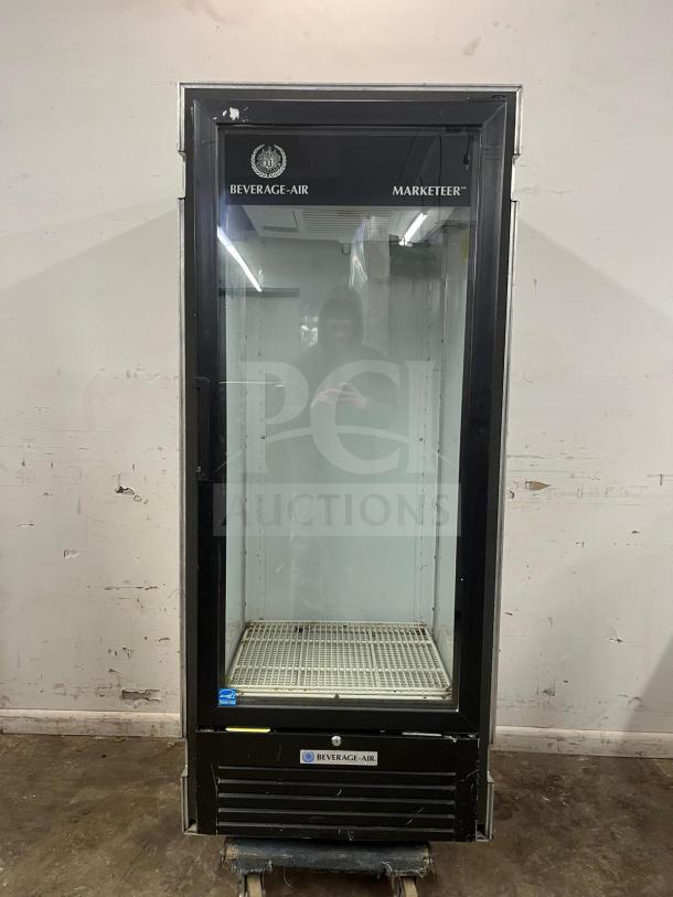 BEVERAGE-AIR MT12-1B 25" Marketeer black glass door merchandiser, LED lighting, good condition, minor wear on exterior.