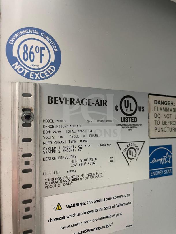 BEVERAGE-AIR MT12-1B merchandiser tag with specs: 25", UL listed, R-290 refrigerant, 115V, Energy Star certified, max 86°F.