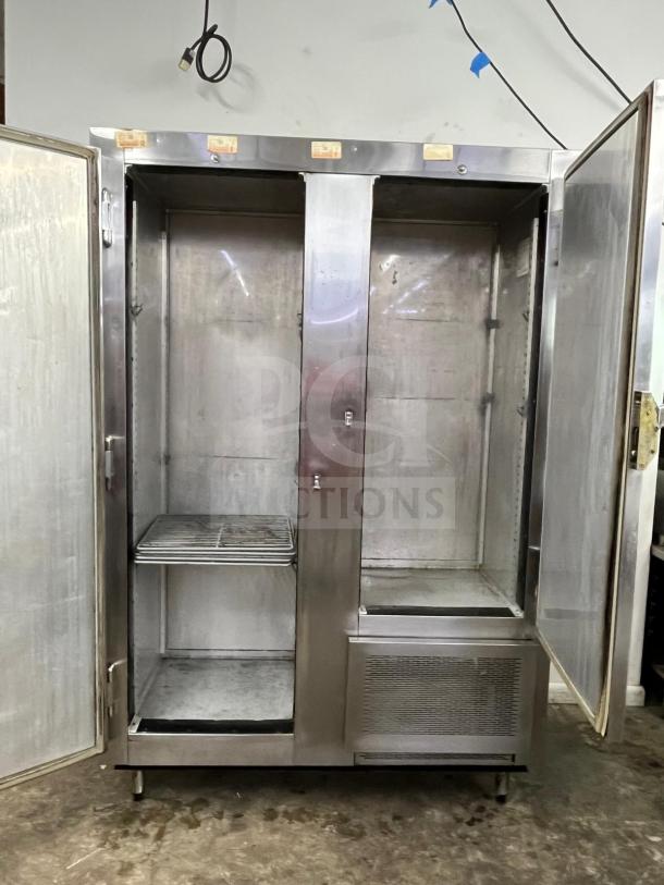 GLENCO 2 Door Commercial Freezer, Model SLA-28-S, stainless steel, open doors showing interior racks, used condition.