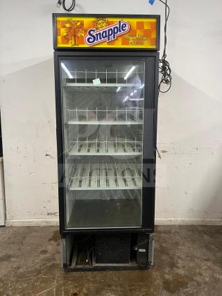 True GDM-26 30" glass door merchandiser refrigerator with Snapple branding, featuring 5 shelves, used condition.