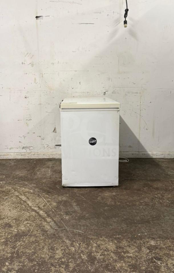 Magic Chef Deep Freezer, white, visible wear, compact design, front logo. Model: DEEP FREEZER. Ideal for extra storage.