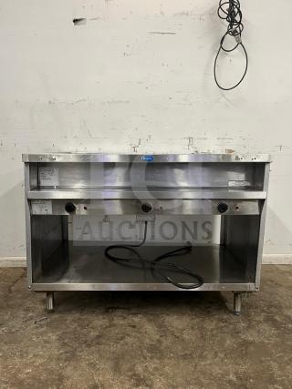 RANDELL 3513-120 48" electric hot food table with three top openings, stainless steel, used condition, visible power cord.