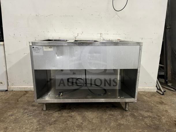RANDELL 3513-120 48" electric hot food table, 3 top openings, stainless steel, used condition, visible label.