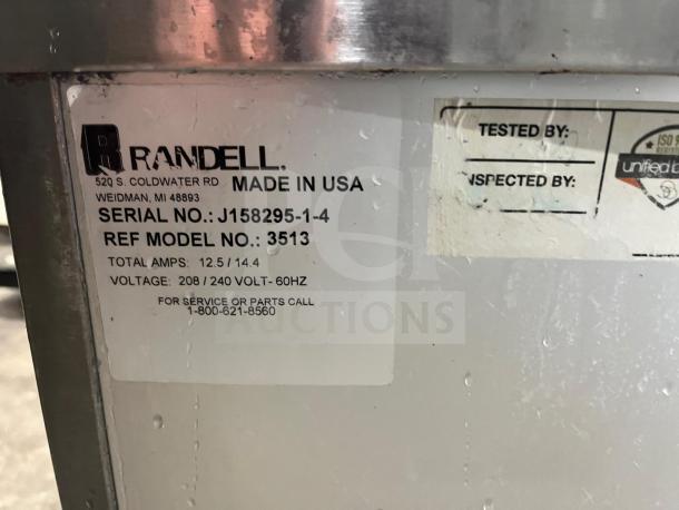 RANDELL 3513-120 48" electric hot food table label showing model number, serial number J158295-1-4, and voltage info.