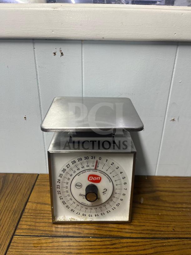 DON 5000 Mechanical Portion Control Scale, Model PREMIER 5000, stainless steel, round dial, used condition, NSF label visible.