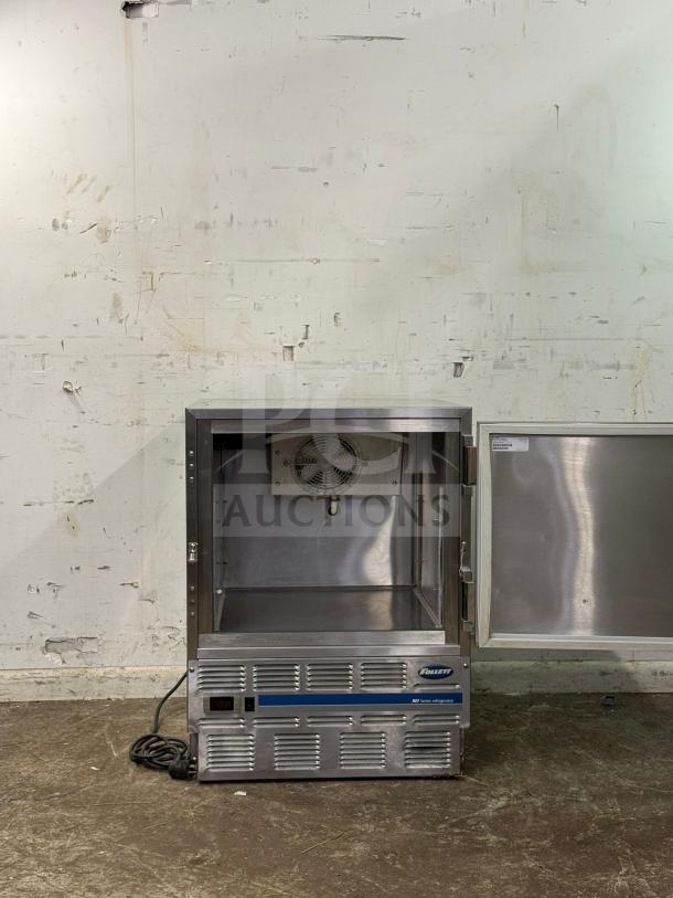 FOLLETT Performance Plus REV 4-ADA undercounter refrigerator, right hinge, stainless steel, open door, visible controls.