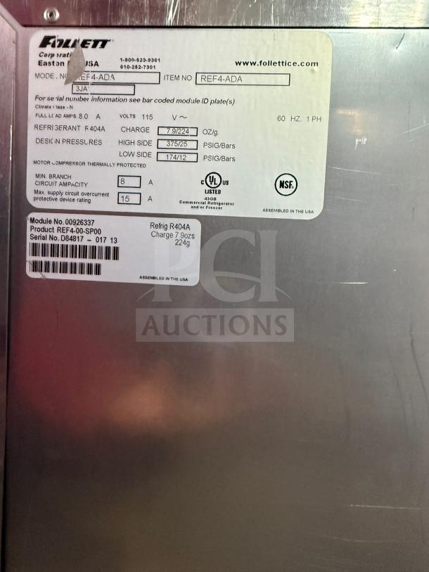 FOLLETT Performance Plus undercounter refrigerator, model REV 4-ADA. Features right hinge, R404A refrigerant. UL and NSF certified.
