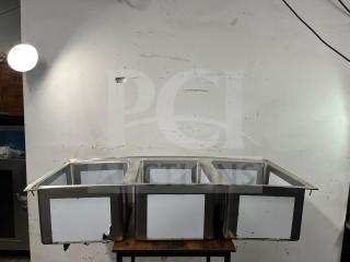 Brand new Regency 16-gauge stainless steel three-compartment drop-in sink, model 600DI31612, in pristine condition.