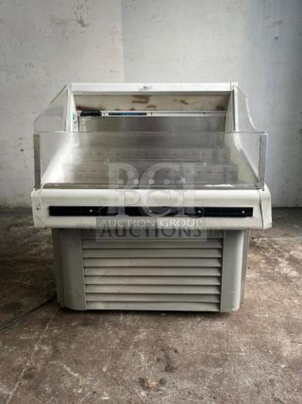 Grab & Go open top display cooler in steel/white, tested and working, featuring a spacious interior and sturdy construction.