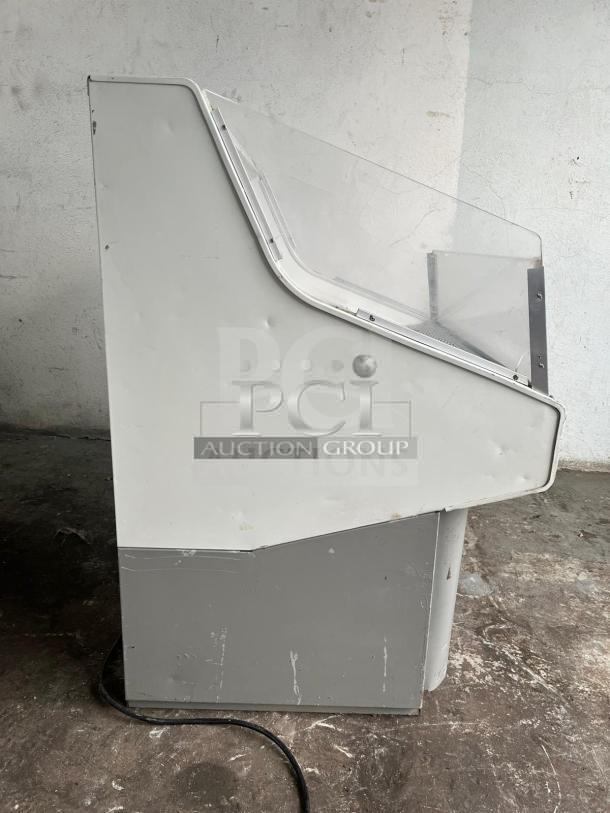 Steel/White Grab & Go Open Top Display Cooler, tested and working, side view. Slight wear visible.