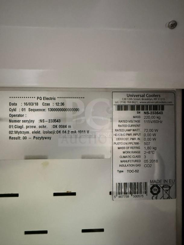 Universal Coolers Open-Air Merchandiser tag; serial NS-233543, voltage 115V/60Hz, mass 220kg, manufactured 05/2018.