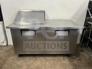 True TSSU-60-12M-B-HC refrigerated sandwich prep table, dual doors, 12 pans, stainless steel, good condition.