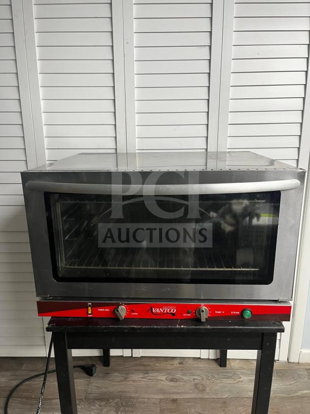 Avantco CO-38M full-size countertop convection oven, 4.4 cu. ft., 208/240V, 3,500/4,600W, stainless steel, front controls visible.