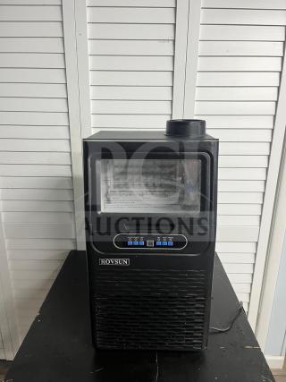 ROVSUN 13" black countertop ice machine, model BT90, 90 lbs capacity, air-cooled, visible control panel, good condition.