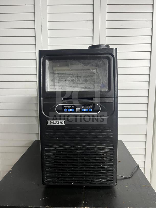 ROVSUN 13" 90 lbs air-cooled countertop ice machine, model BT90, black, with control panel, appears in good condition.