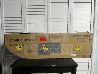 Awoco FM1510 42" air curtain in box, model FM-1510SA1, UL/CE certified, heavy, powder-coated metal case, magnetic switch.