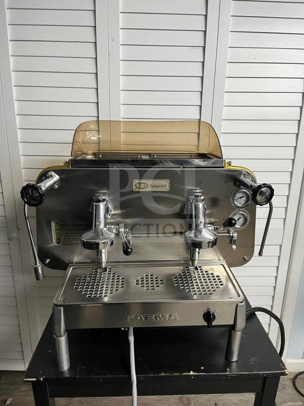 FAEMA E61 Legend S/2 espresso machine in excellent condition, stainless steel body, dual groups, semi-automatic.